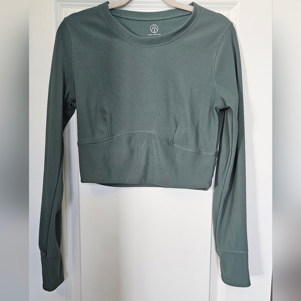 Move Theology Sage Green Ribbed Crop Top Long Sleeve Athletic Top Size L